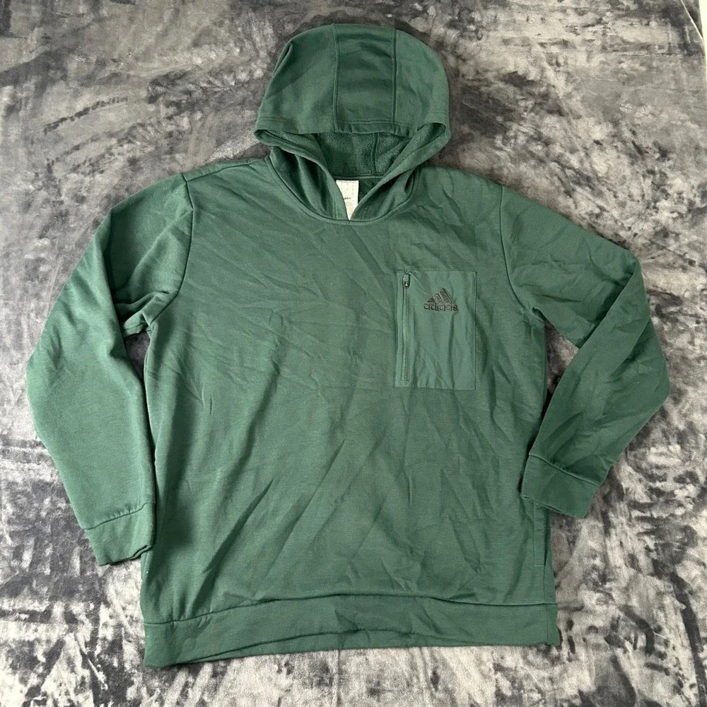Adidas Hoodie Mens XL Green Zippered Chest Pocket Fleece Pullover Sweatshirt